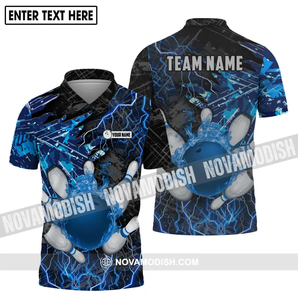 Unisex Shirt - Custom Name And Team Name Shirt Blue Lightning Bowling Shirt Polo Shirt / S T-shirt