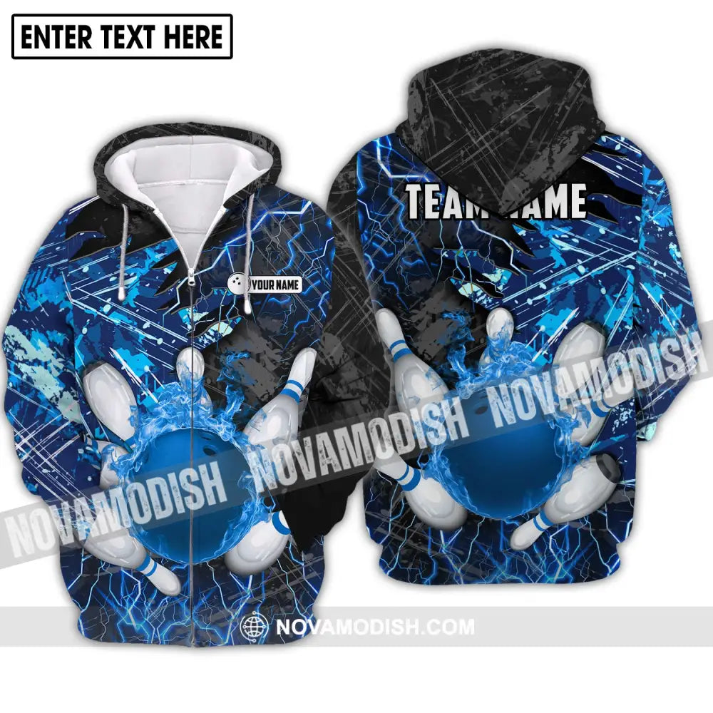 Unisex Shirt - Custom Name And Team Name Shirt Blue Lightning Bowling Shirt Zipper Hoodie / S T-shirt