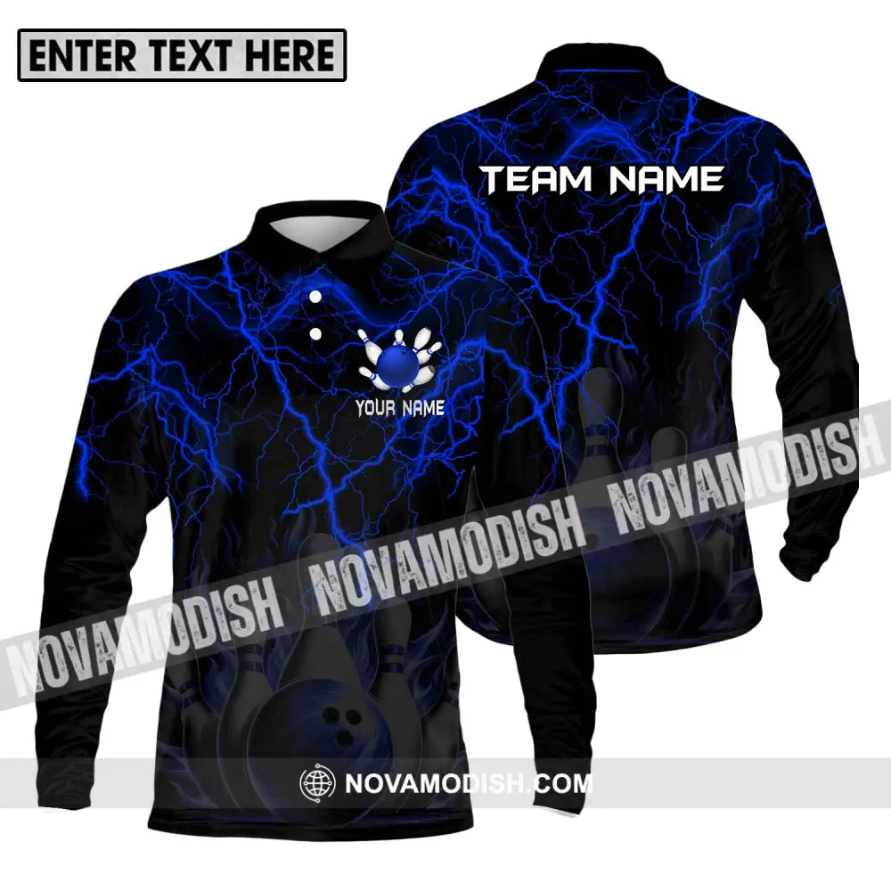 Unisex Shirt - Custom Name And Team Name Shirt Blue Thunder Bowling Long Sleeve Polo / S T-shirt