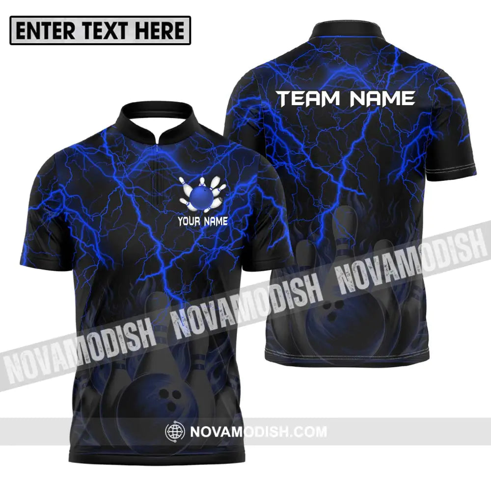 Unisex Shirt - Custom Name And Team Name Shirt Blue Thunder Bowling Zipper Polo Shirt / S T-shirt