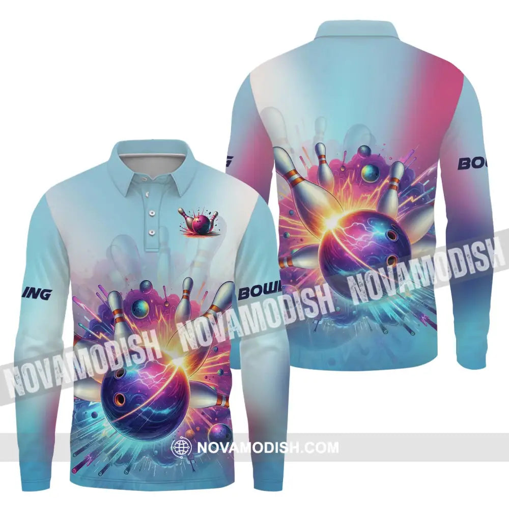 Unisex Shirt - Custom Name And Team Name Shirt Boom Bowling Ball And Pins Long Sleeve Polo / S T-shirt