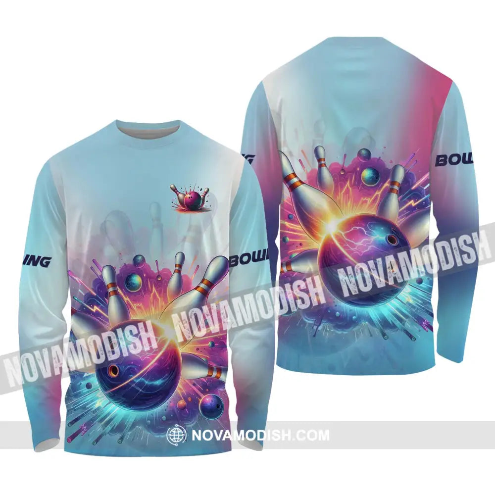 Unisex Shirt - Custom Name And Team Name Shirt Boom Bowling Ball And Pins Long Sleeve Shirt / S T-shirt