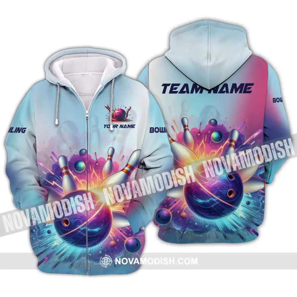 Unisex Shirt - Custom Name And Team Name Shirt Boom Bowling Ball And Pins Zipper Hoodie / S T-shirt