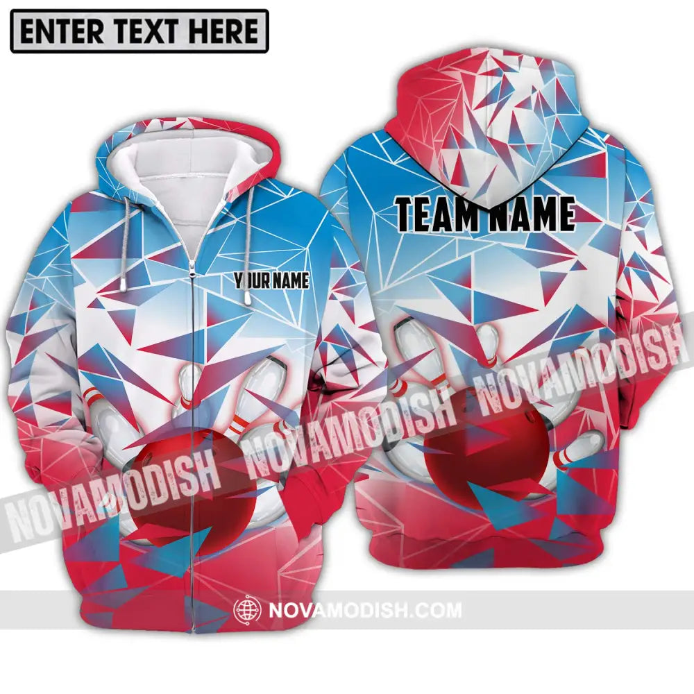 Unisex Shirt - Custom Name And Team Name Shirt Bowling Ball And Pins Triangular Array Zipper Hoodie / S T-shirt