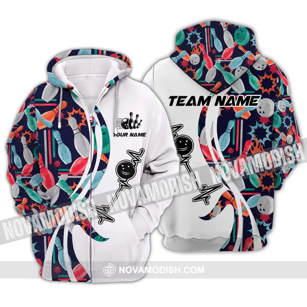 Unisex Shirt - Custom Name And Team Name Shirt Bowling Color Heart Beat Shirt Zipper Hoodie / S T-shirt