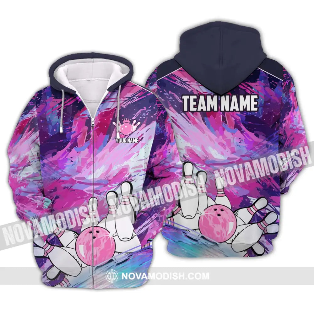 Unisex Shirt - Custom Name And Team Name Shirt Bowling Colorful Line Shirt Zipper Hoodie / S T-shirt