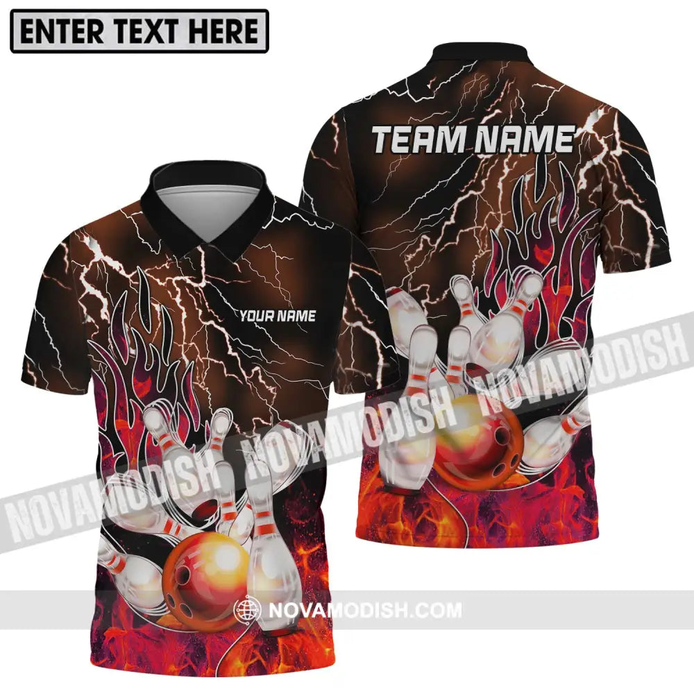 Unisex Shirt - Custom Name And Team Name Shirt Bowling Fire Ball And Pins Shirt Polo Shirt / S T-shirt