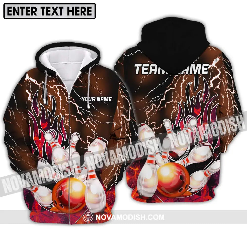 Unisex Shirt - Custom Name And Team Name Shirt Bowling Fire Ball And Pins Shirt Zipper Hoodie / S T-shirt