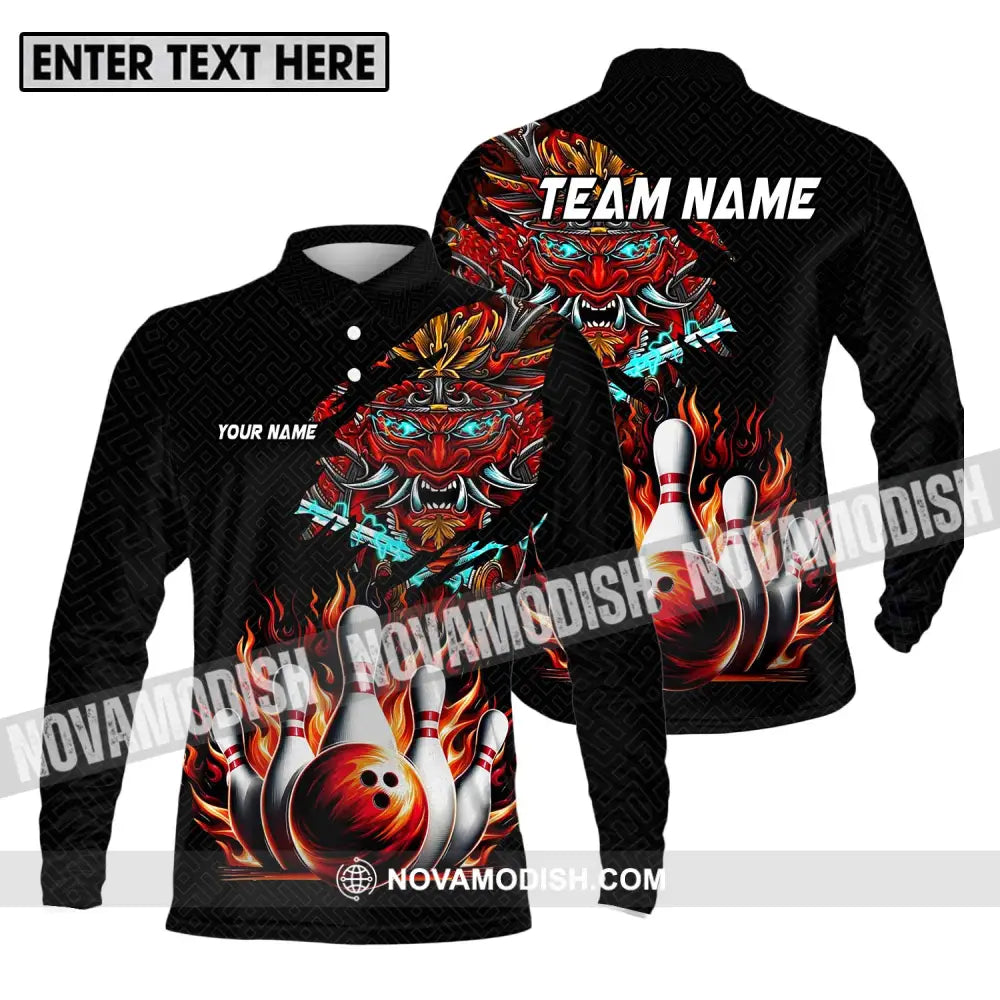 Unisex Shirt - Custom Name And Team Name Bowling Shirt Fire Dragon Head Long Sleeve Polo / S T-shirt