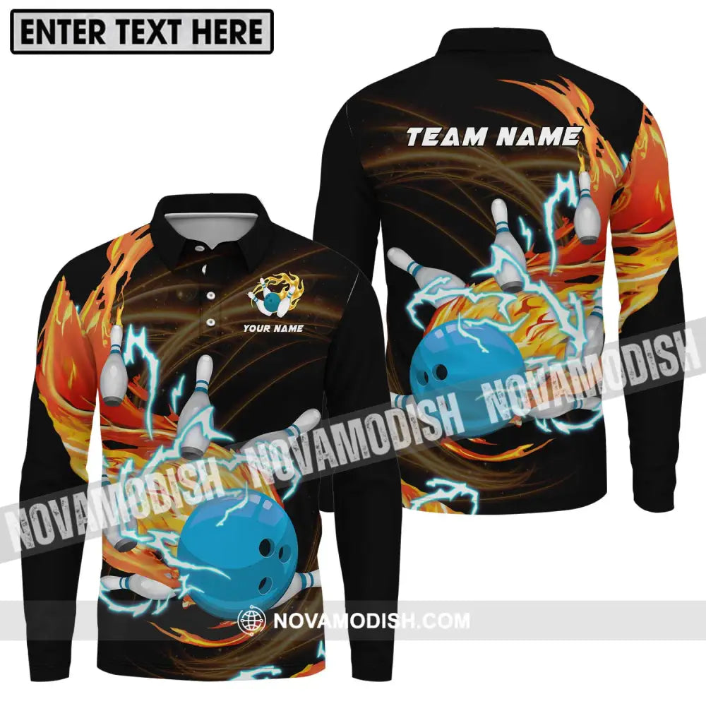 Unisex Shirt - Custom Name And Team Name Bowling Shirt Fire And Water Long Sleeve Polo / S T-shirt