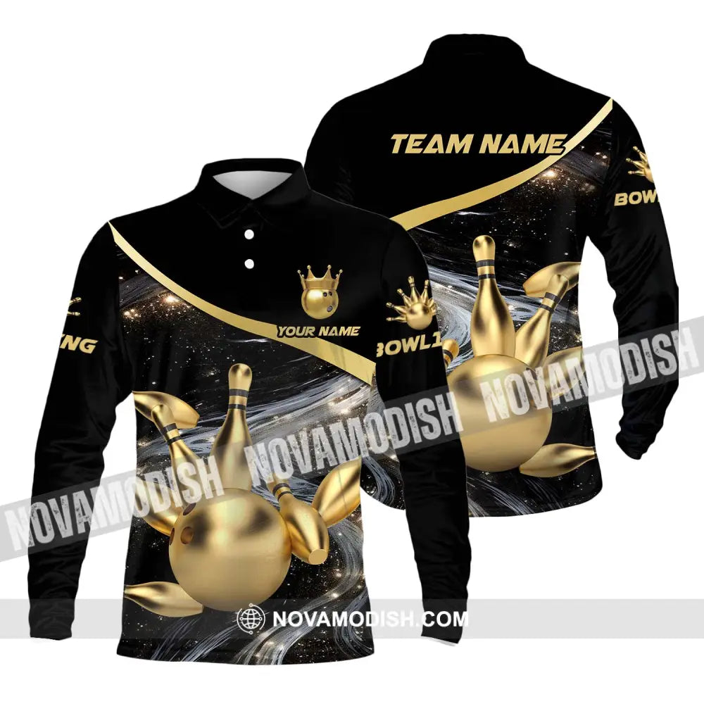 Unisex Shirt - Custom Name And Team Name Bowling Shirt Gold Pins Gold Ball Long Sleeve Polo / S T-shirt