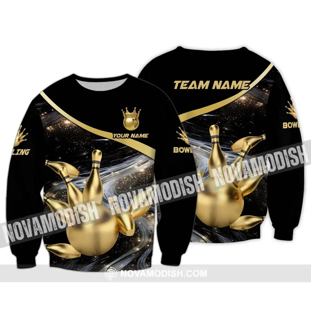 Unisex Shirt - Custom Name And Team Name Bowling Shirt Gold Pins Gold Ball Long Sleeve / S T-shirt