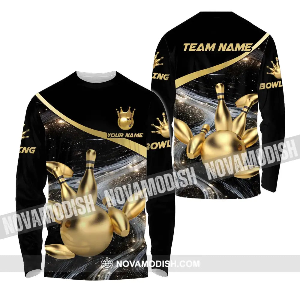 Unisex Shirt - Custom Name And Team Name Bowling Shirt Gold Pins Gold Ball Long Sleeve Shirt / S T-shirt