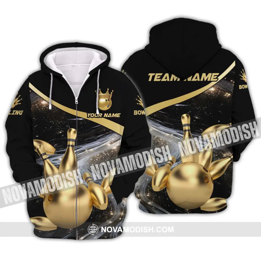 Unisex Shirt - Custom Name And Team Name Bowling Shirt Gold Pins Gold Ball Zipper Hoodie / S T-shirt
