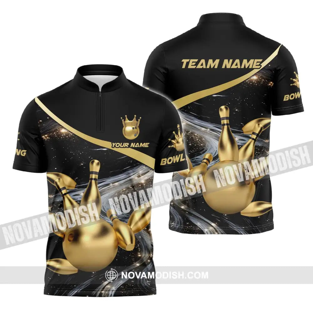 Unisex Shirt - Custom Name And Team Name Bowling Shirt Gold Pins Gold Ball Zipper Polo Shirt / S T-shirt