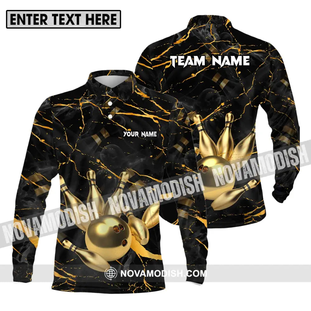 Unisex Shirt - Custom Name And Team Name Bowling Shirt Golden Pins And Ball Long Sleeve Polo / S T-shirt