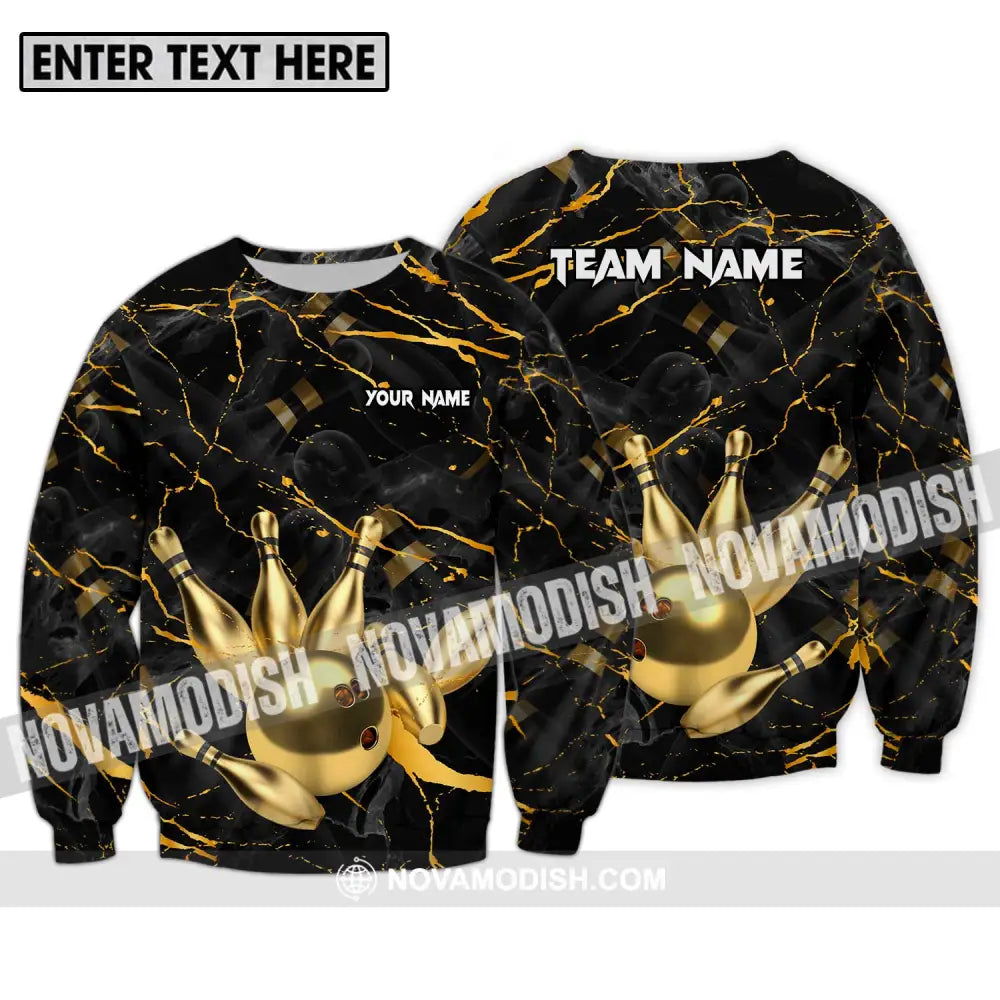 Unisex Shirt - Custom Name And Team Name Bowling Shirt Golden Pins And Ball Long Sleeve / S T-shirt