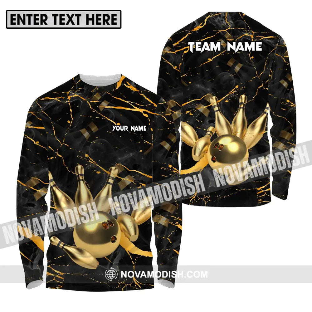 Unisex Shirt - Custom Name And Team Name Bowling Shirt Golden Pins And Ball Long Sleeve Shirt / S T-shirt