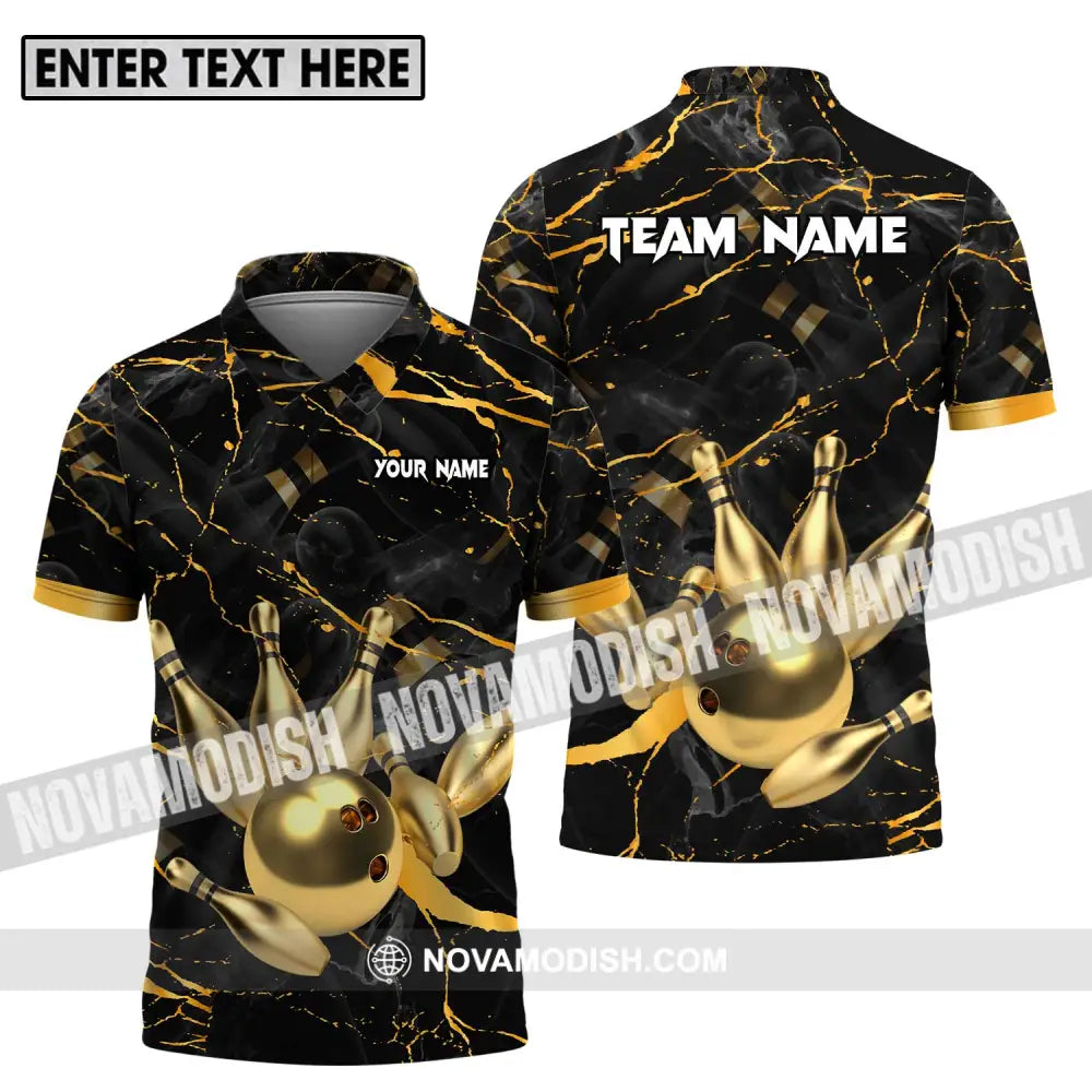 Unisex Shirt - Custom Name And Team Name Bowling Shirt Golden Pins And Ball Polo Shirt / S T-shirt