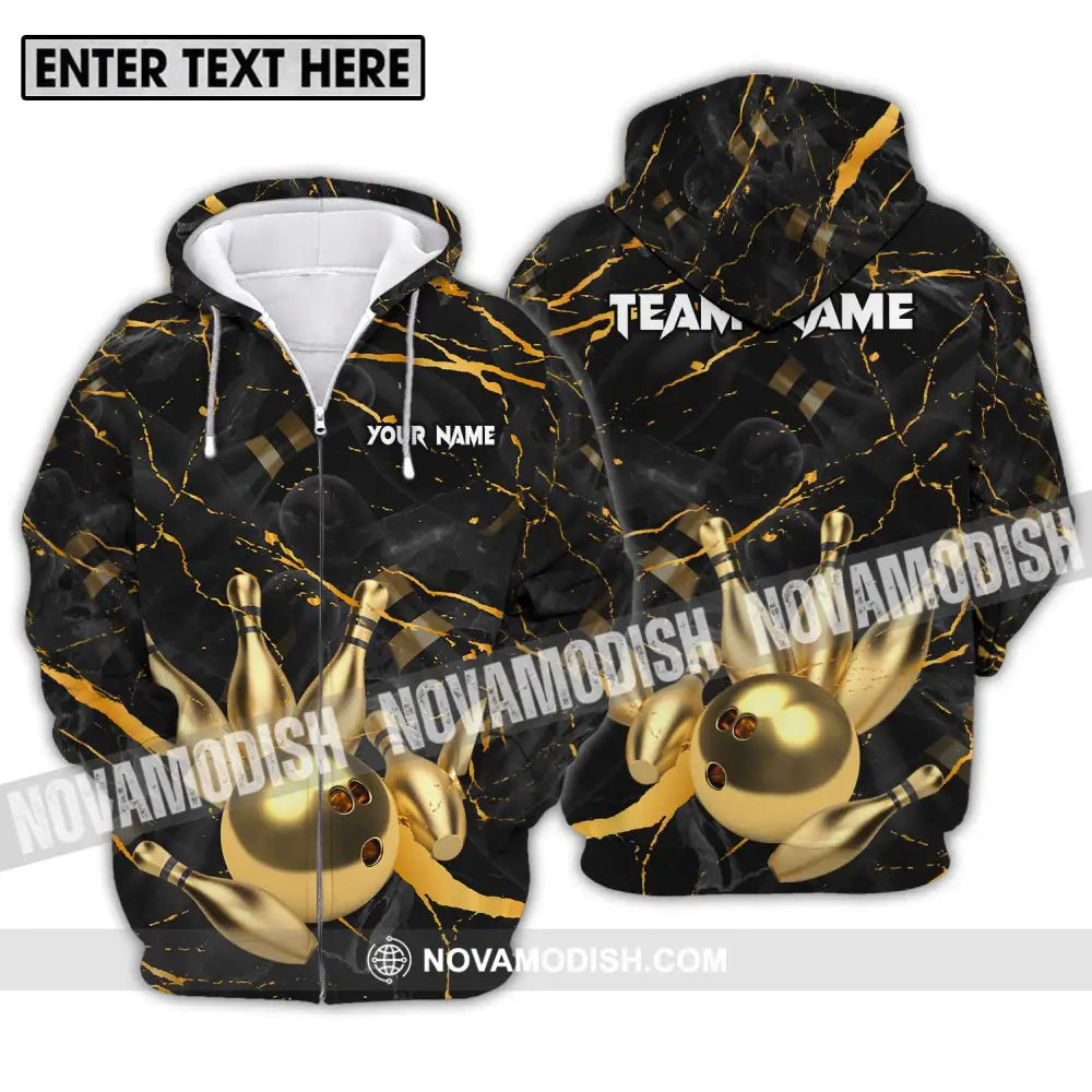 Unisex Shirt - Custom Name And Team Name Bowling Shirt Golden Pins And Ball Zipper Hoodie / S T-shirt
