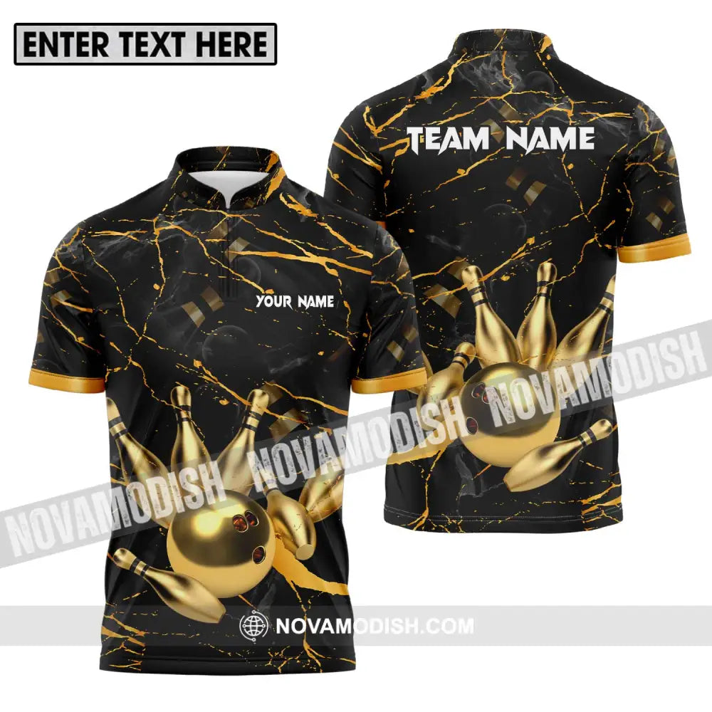 Unisex Shirt - Custom Name And Team Name Bowling Shirt Golden Pins And Ball Zipper Polo Shirt / S T-shirt