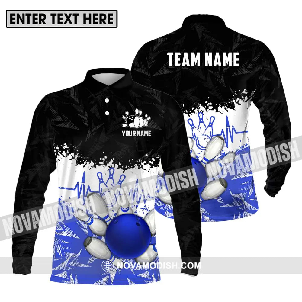 Unisex Shirt - Custom Name And Team Name Shirt Bowling Heartbeat Long Sleeve Polo / S T-shirt