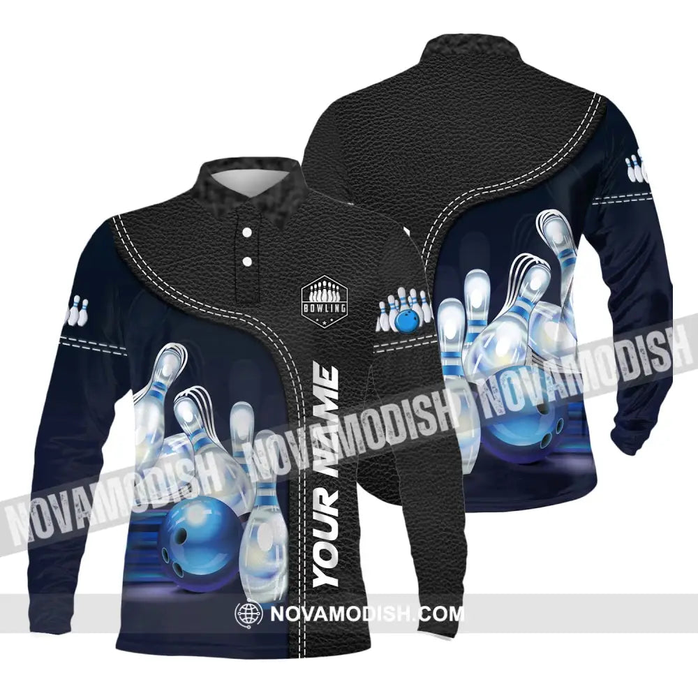 Unisex Shirt - Custom Name And Team Name Bowling Shirt Ice Pins Blue Ball Long Sleeve Polo / S T-shirt