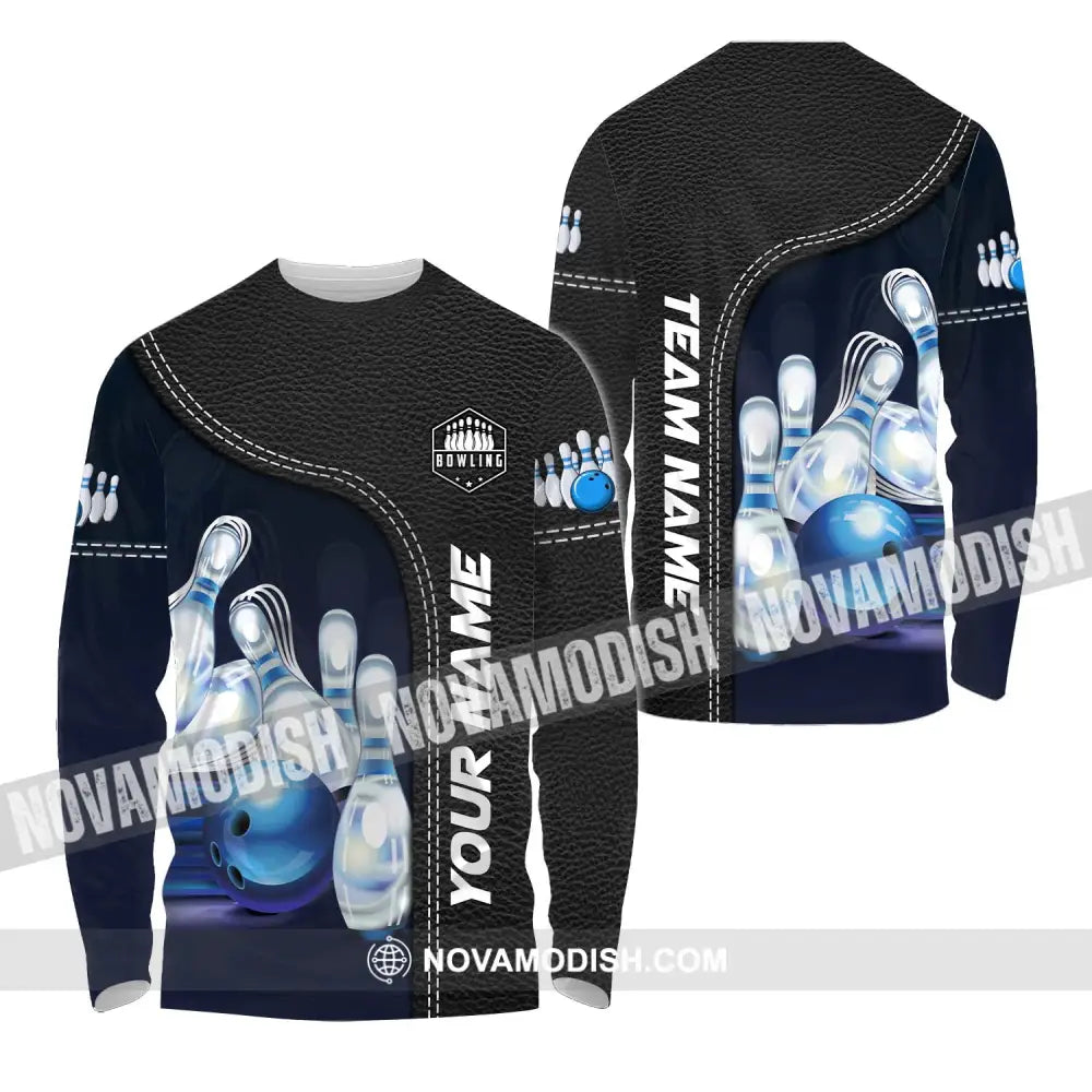 Unisex Shirt - Custom Name And Team Name Bowling Shirt Ice Pins Blue Ball Long Sleeve Shirt / S T-shirt