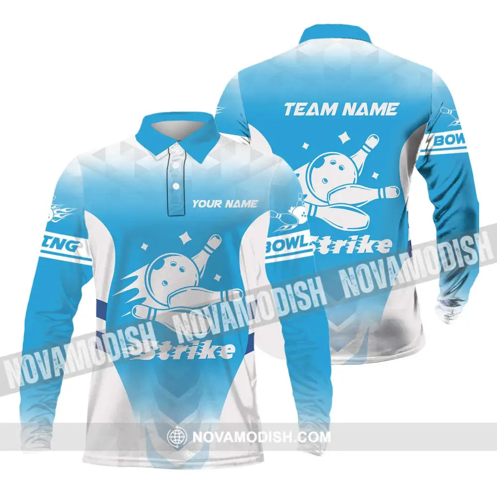 Unisex Shirt - Custom Name And Team Name Bowling Shirt Light Blue Strike Long Sleeve Polo / S T-shirt