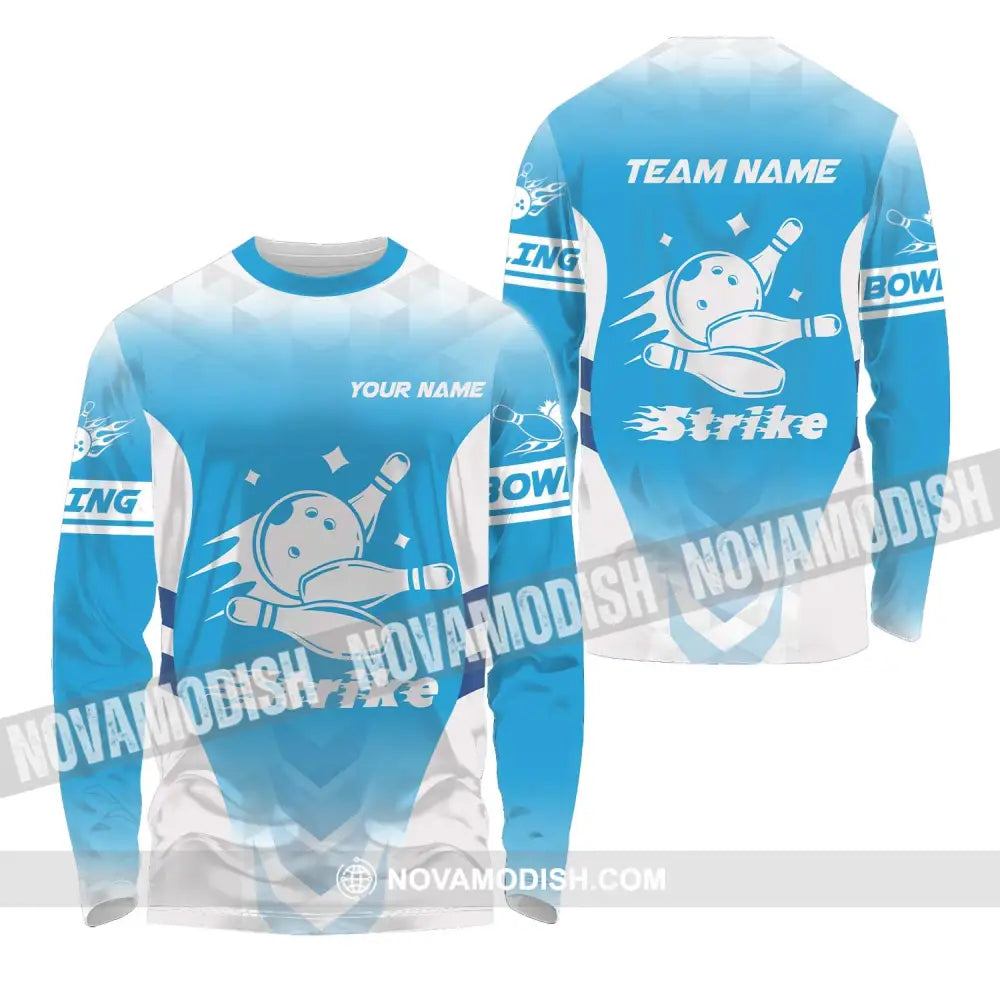 Unisex Shirt - Custom Name And Team Name Bowling Shirt Light Blue Strike Long Sleeve Shirt / S T-shirt