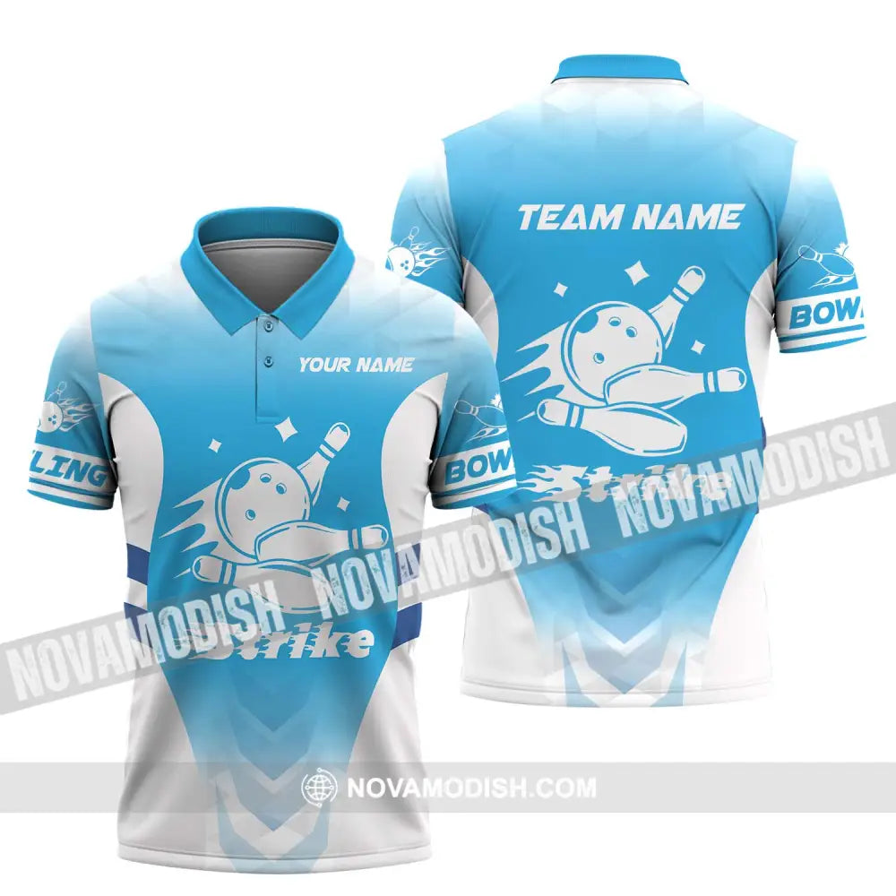 Unisex Shirt - Custom Name And Team Name Bowling Shirt Light Blue Strike Polo Shirt / S T-shirt