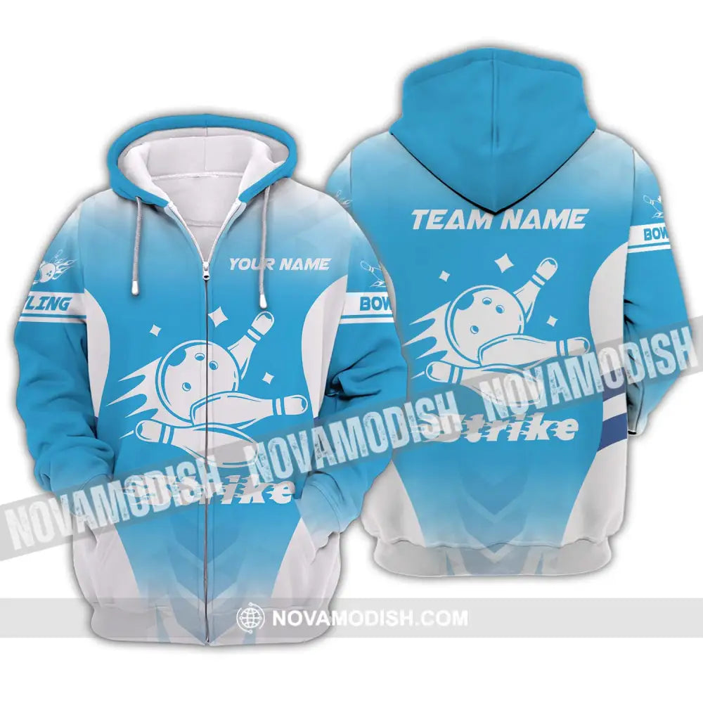 Unisex Shirt - Custom Name And Team Name Bowling Shirt Light Blue Strike Zipper Hoodie / S T-shirt