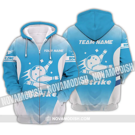 Unisex Shirt - Custom Name And Team Name Bowling Shirt Light Blue Strike Zipper Hoodie / S T-shirt