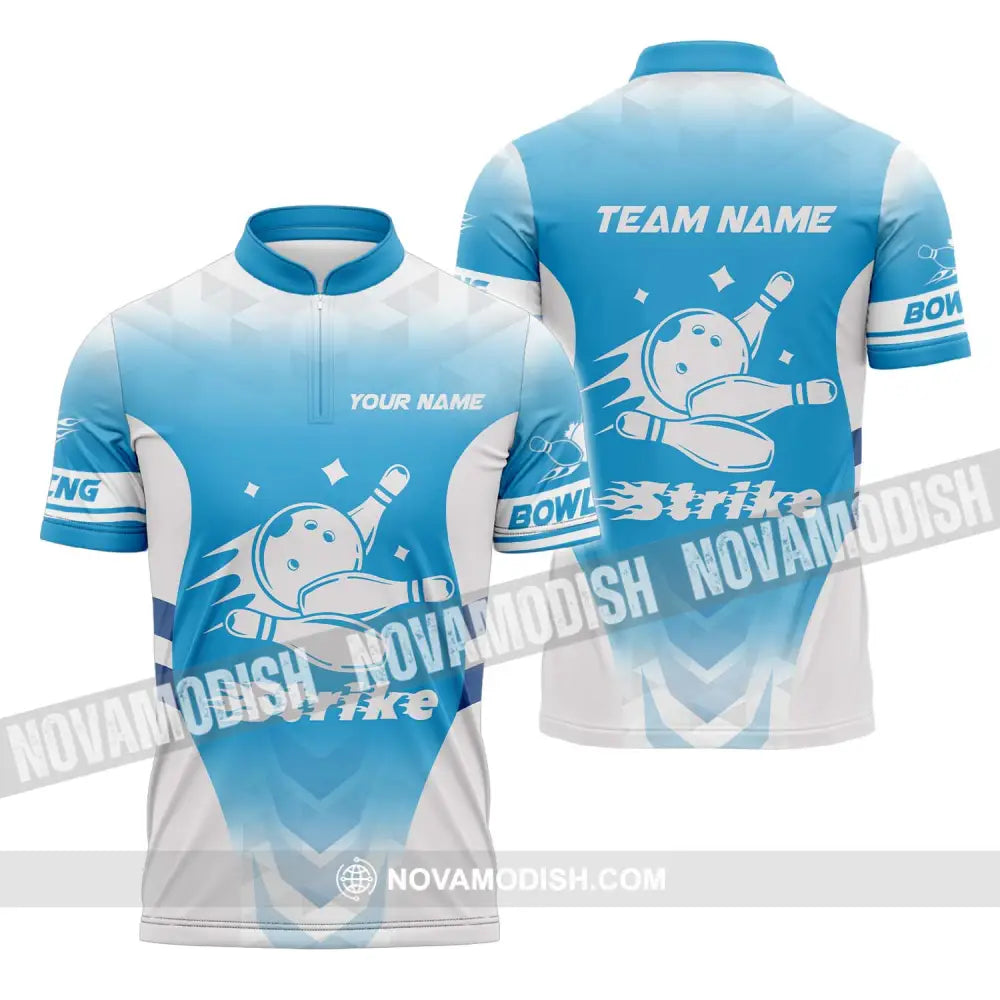 Unisex Shirt - Custom Name And Team Name Bowling Shirt Light Blue Strike Zipper Polo Shirt / S T-shirt