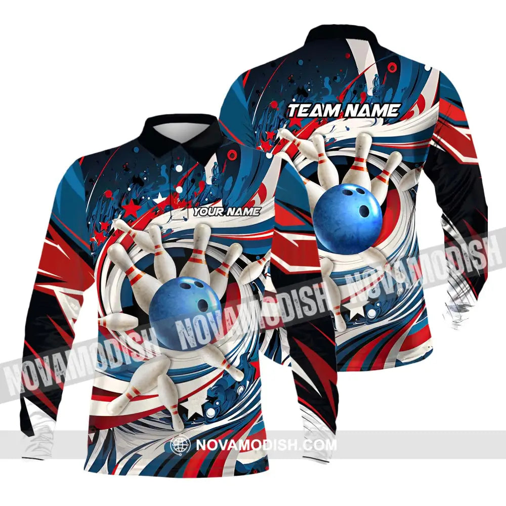 Unisex Shirt - Custom Name And Team Name Bowling Lover Shirt Blue Bowling Ball And Pins Long Sleeve Polo / S T-shirt