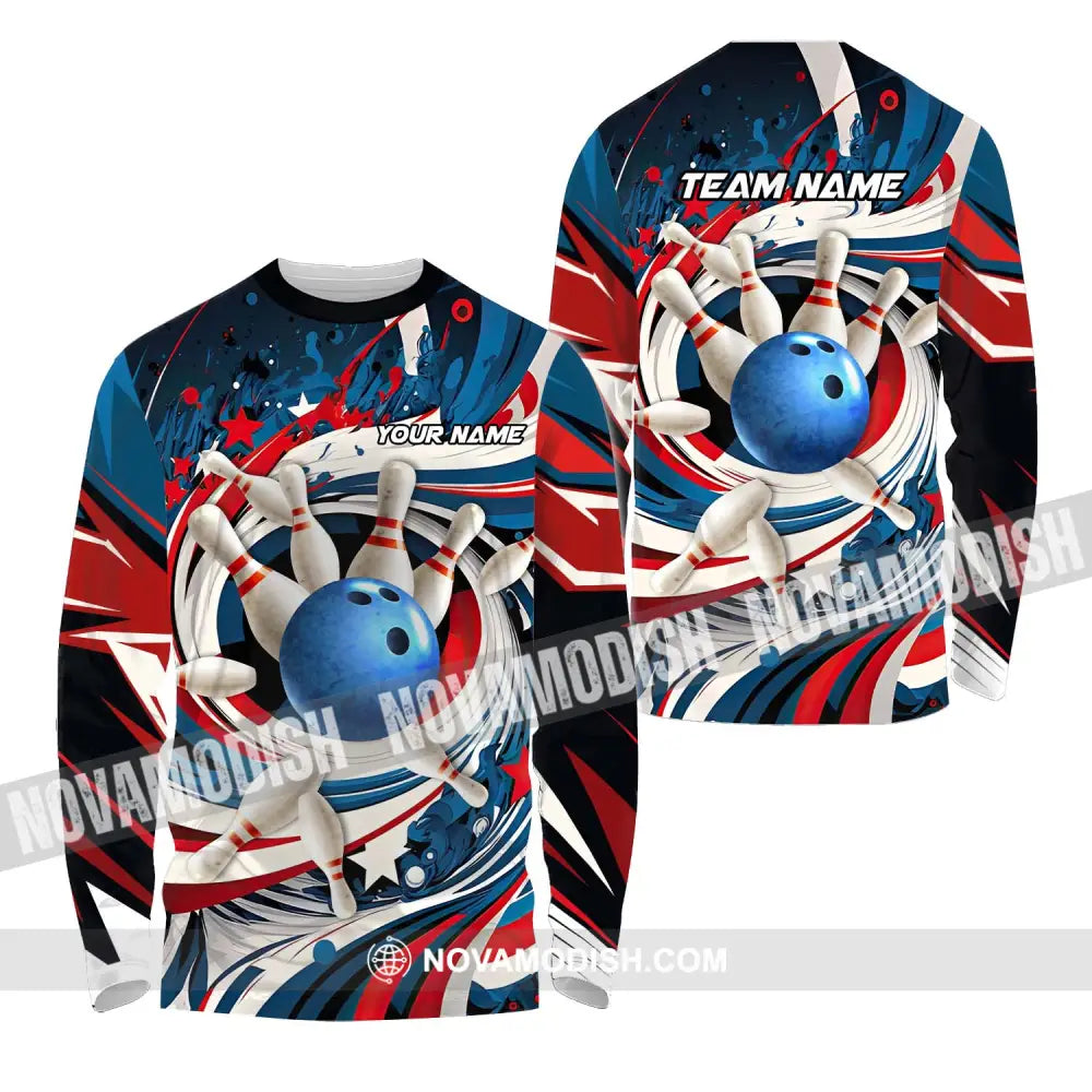 Unisex Shirt - Custom Name And Team Name Bowling Lover Shirt Blue Bowling Ball And Pins Long Sleeve Shirt / S T-shirt