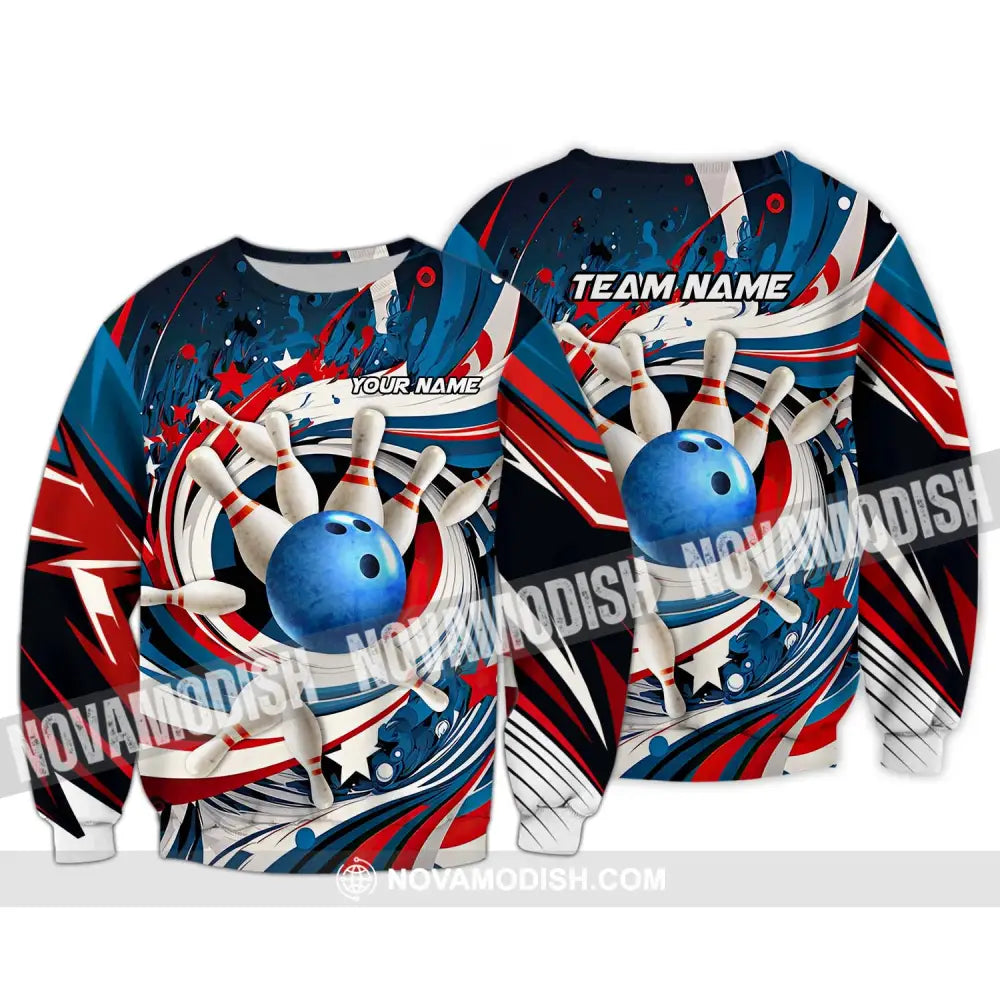 Unisex Shirt - Custom Name And Team Name Bowling Lover Shirt Blue Bowling Ball And Pins Long Sleeve / S T-shirt