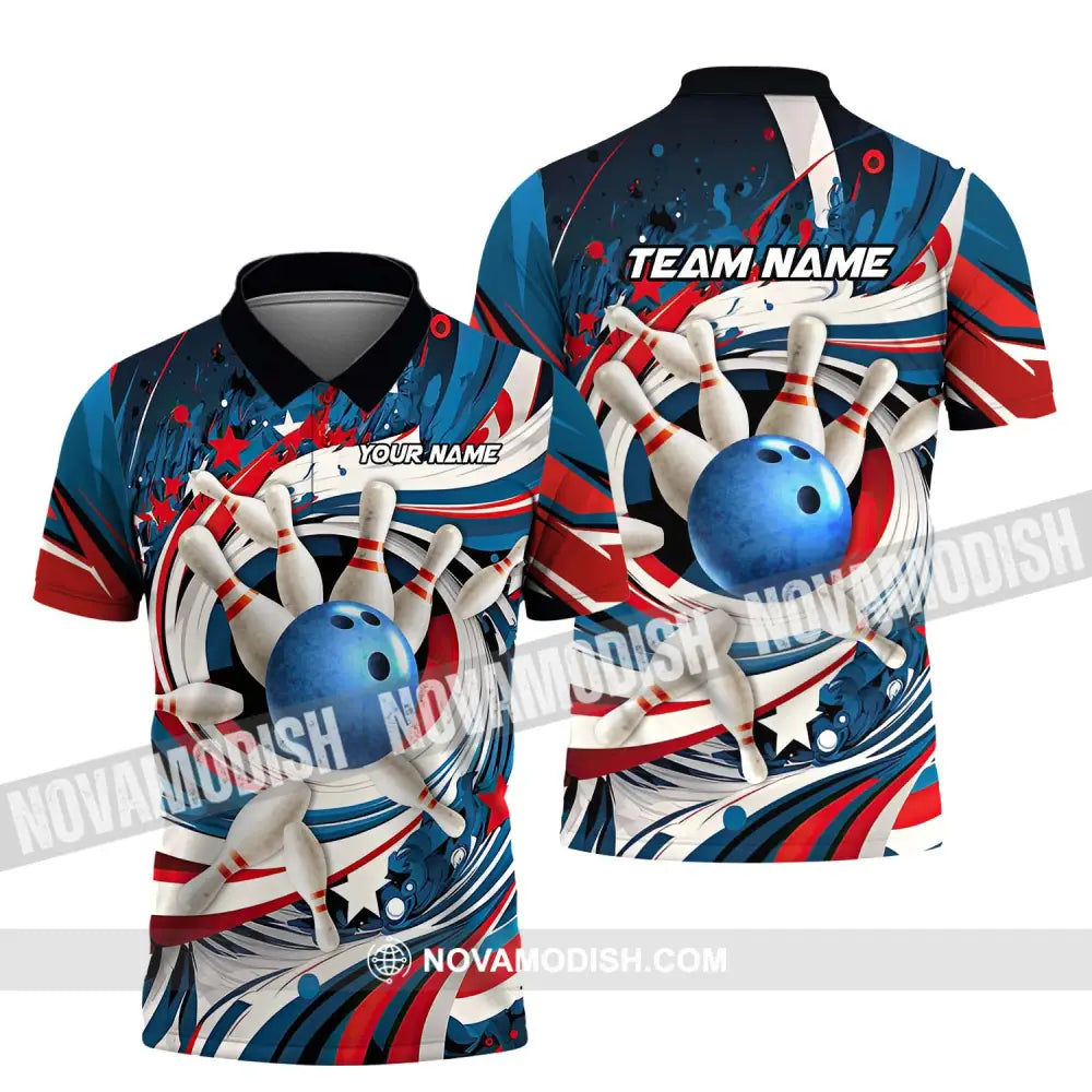 Unisex Shirt - Custom Name And Team Name Bowling Lover Shirt Blue Bowling Ball And Pins Polo Shirt / S T-shirt