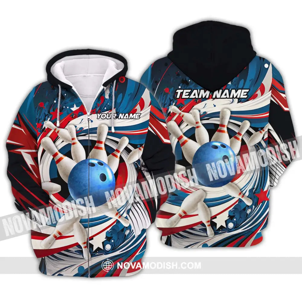 Unisex Shirt - Custom Name And Team Name Bowling Lover Shirt Blue Bowling Ball And Pins Zipper Hoodie / S T-shirt