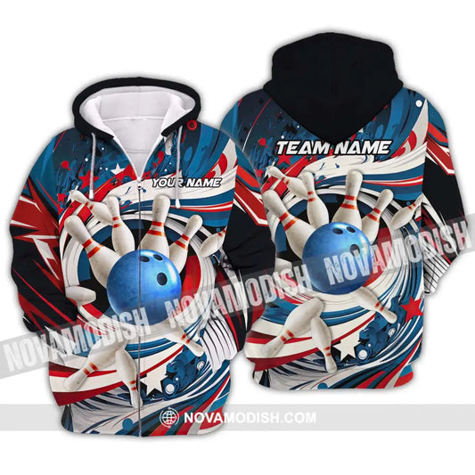 Unisex Shirt - Custom Name And Team Name Bowling Lover Shirt Blue Bowling Ball And Pins Zipper Hoodie / S T-shirt