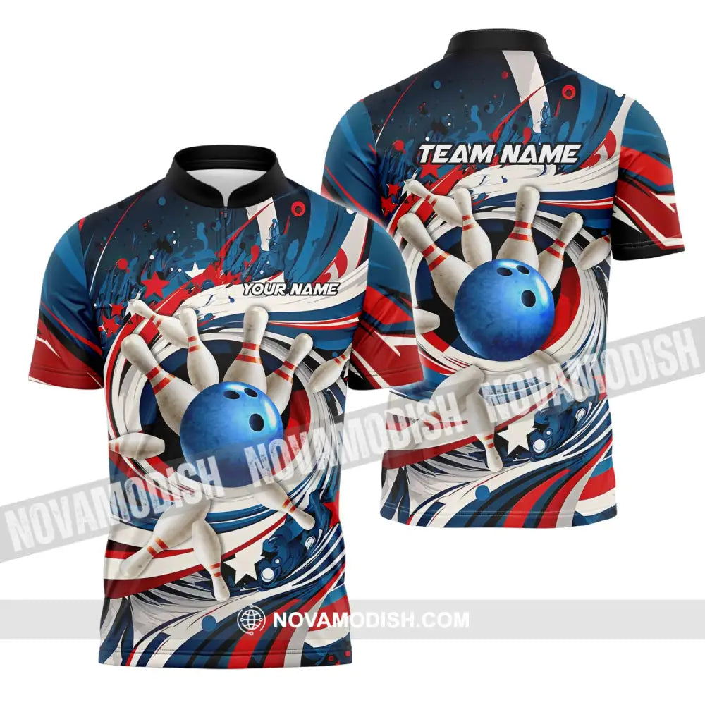 Unisex Shirt - Custom Name And Team Name Bowling Lover Shirt Blue Bowling Ball And Pins Zipper Polo Shirt / S T-shirt