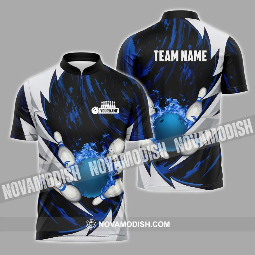 Unisex Shirt - Custom Name And Team Name Bowling Lover Shirt Bowling Dark Blue Zipper Polo Shirt / S T-shirt