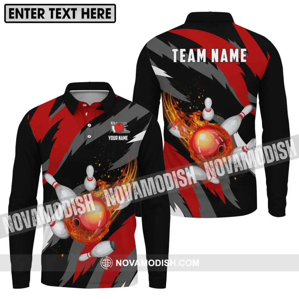 Unisex Shirt - Custom Name And Team Name Bowling Lover Shirt Fire Bowling Ball Long Sleeve Polo / S T-shirt