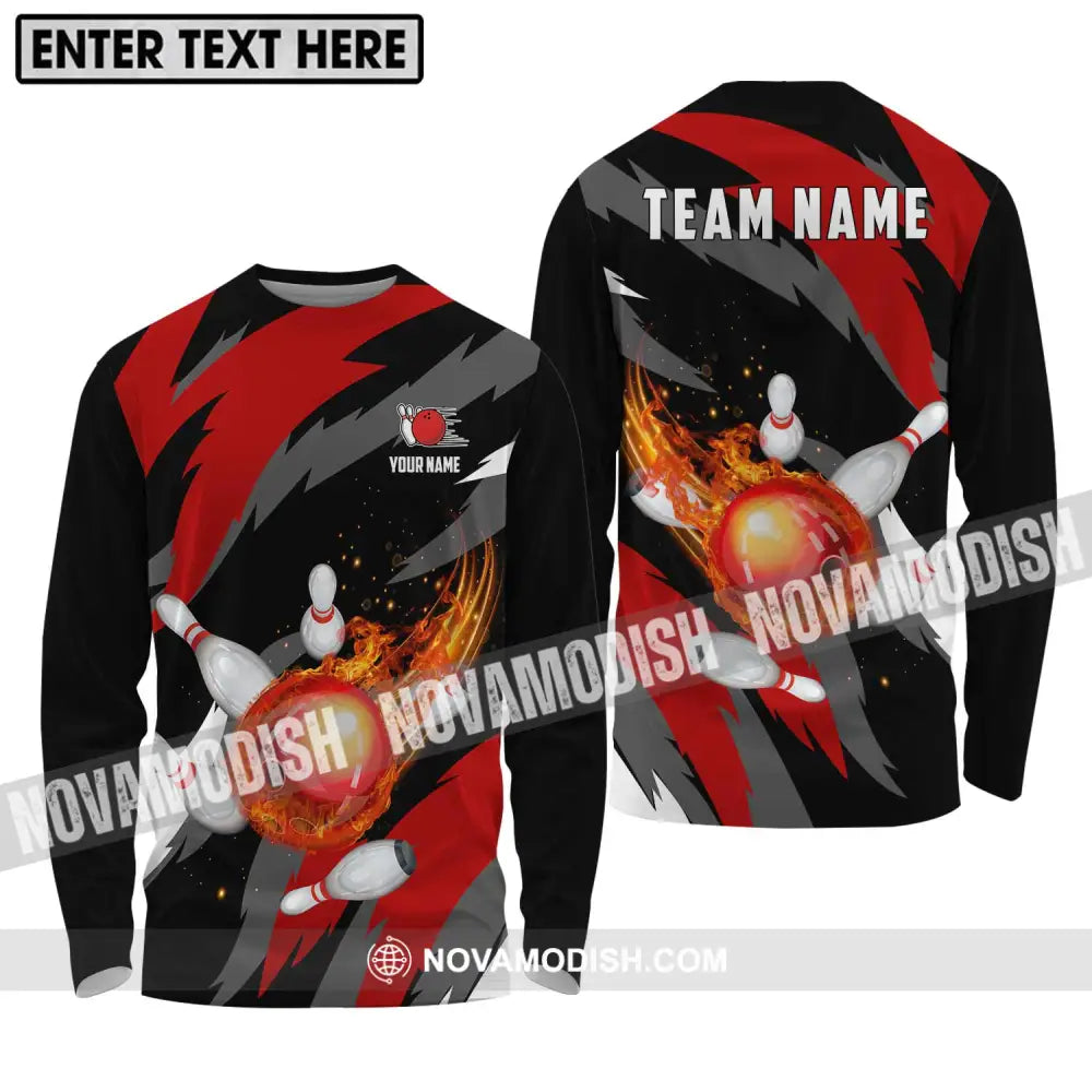 Unisex Shirt - Custom Name And Team Name Bowling Lover Shirt Fire Bowling Ball Long Sleeve Shirt / S T-shirt