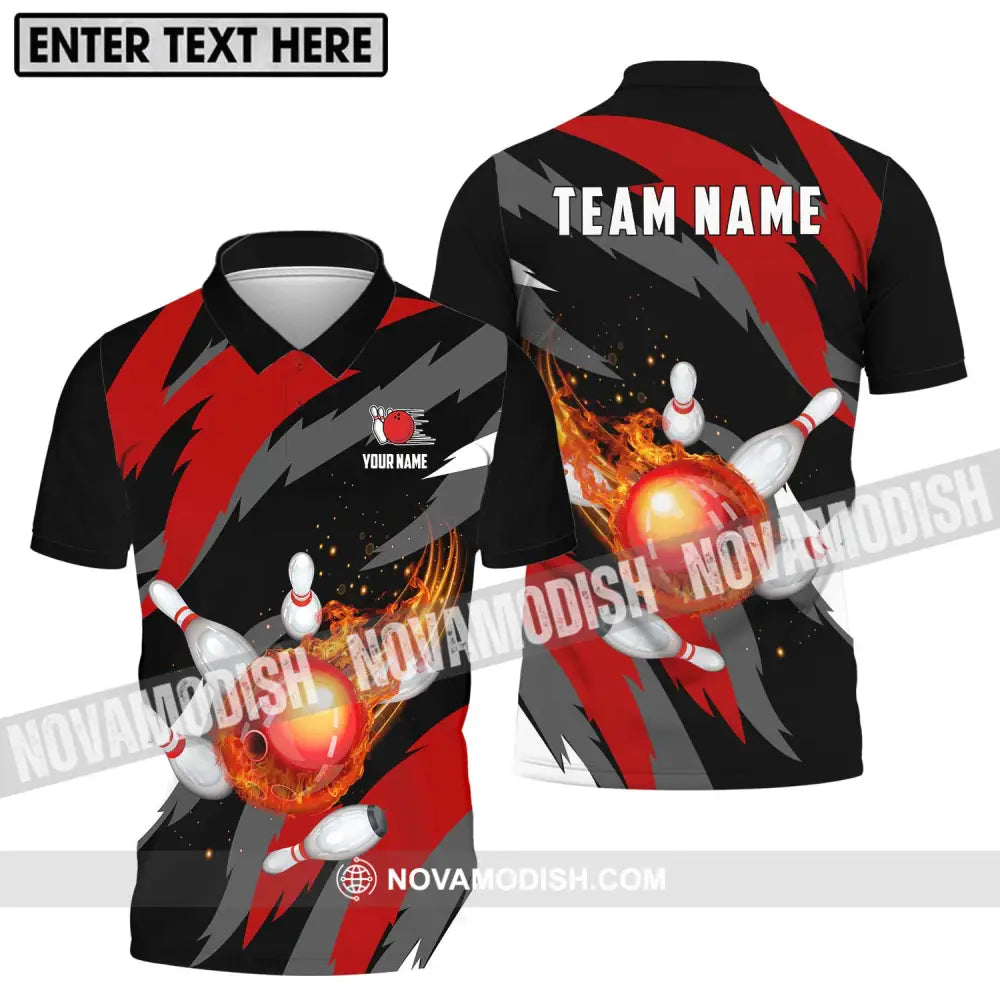 Unisex Shirt - Custom Name And Team Name Bowling Lover Shirt Fire Bowling Ball Polo Shirt / S T-shirt