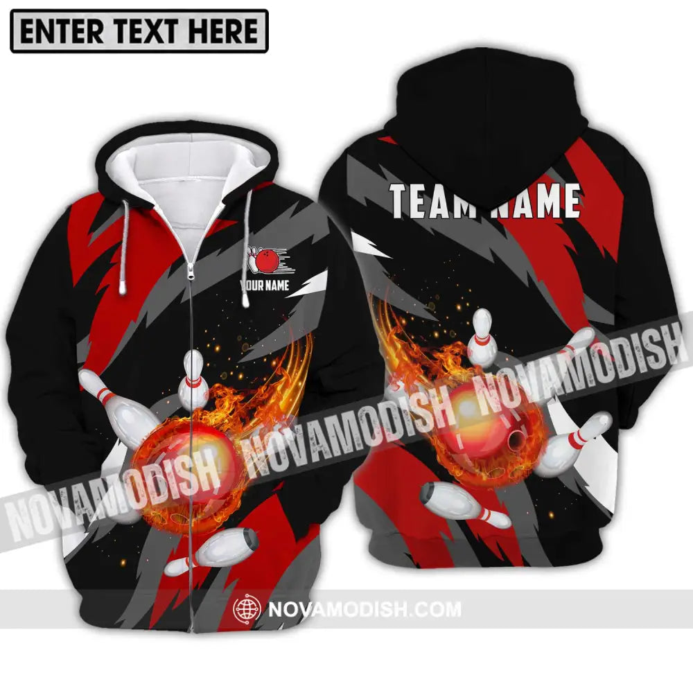 Unisex Shirt - Custom Name And Team Name Bowling Lover Shirt Fire Bowling Ball Zipper Hoodie / S T-shirt