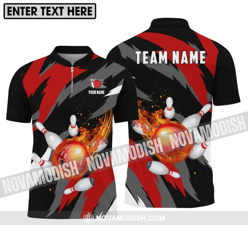 Unisex Shirt - Custom Name And Team Name Bowling Lover Shirt Fire Bowling Ball Zipper Polo Shirt / S T-shirt
