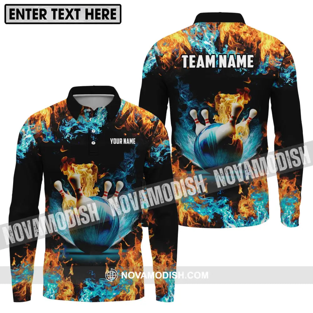 Unisex Shirt - Custom Name And Team Name Bowling Lover Shirt Fire And Water Long Sleeve Polo / S T-shirt