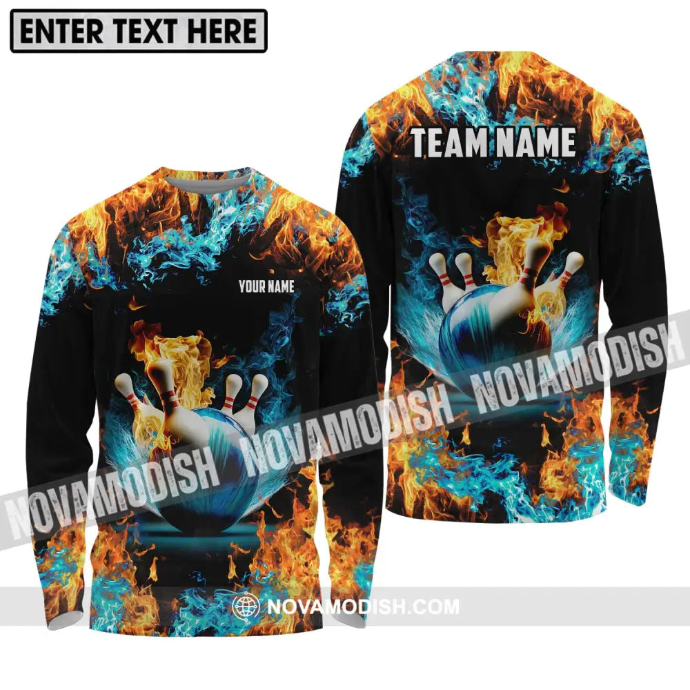 Unisex Shirt - Custom Name And Team Name Bowling Lover Shirt Fire And Water Long Sleeve Shirt / S T-shirt