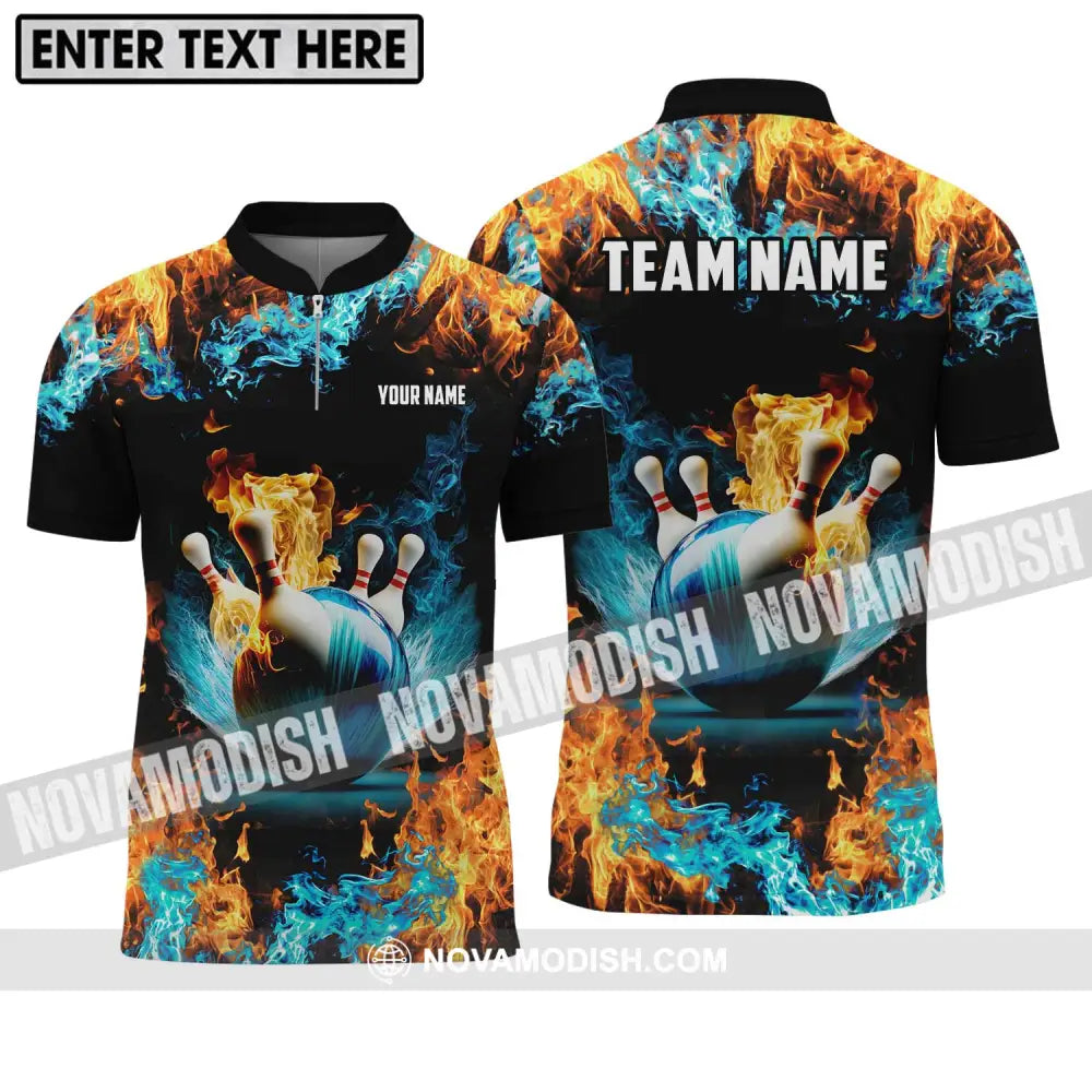 Unisex Shirt - Custom Name And Team Name Bowling Lover Shirt Fire And Water Zipper Polo Shirt / S T-shirt